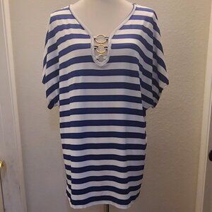Blue & White Stripe Ring-Accent Short-Sleeve Top